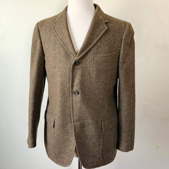 Vintage 60 Wool Herringbone Tweed Olive Green Brown Sport Coat Suit Jacket 42R - Picture 1 of 9